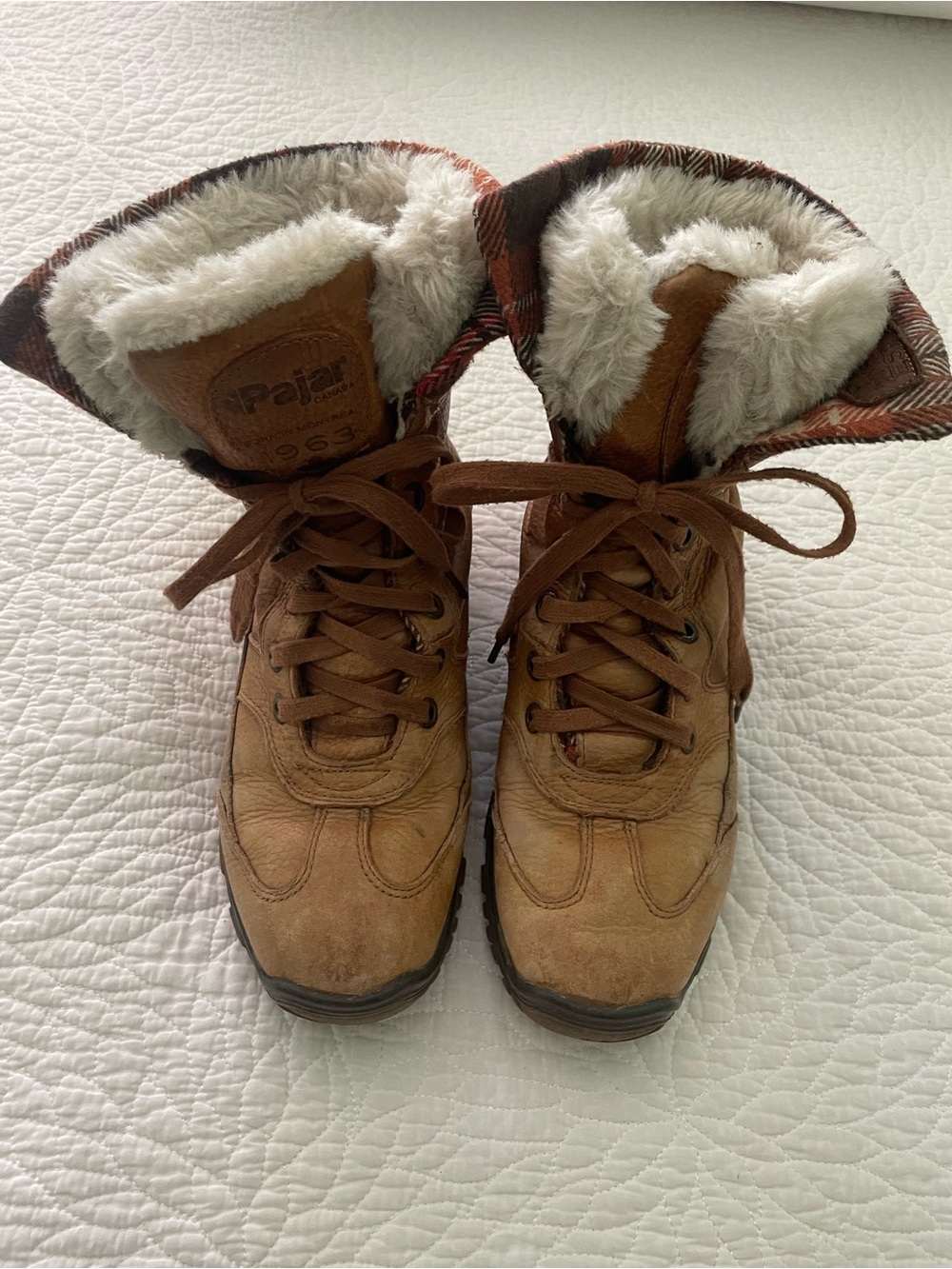 Womens Pajar Leather Tan/Brown Shearling-Lined plaid Lace-Up Boots Size 8-8.5
